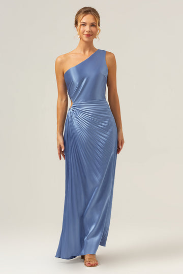 Vaina azul Vestido largo de dama de honor de satén con ojo de cerradura de un hombro